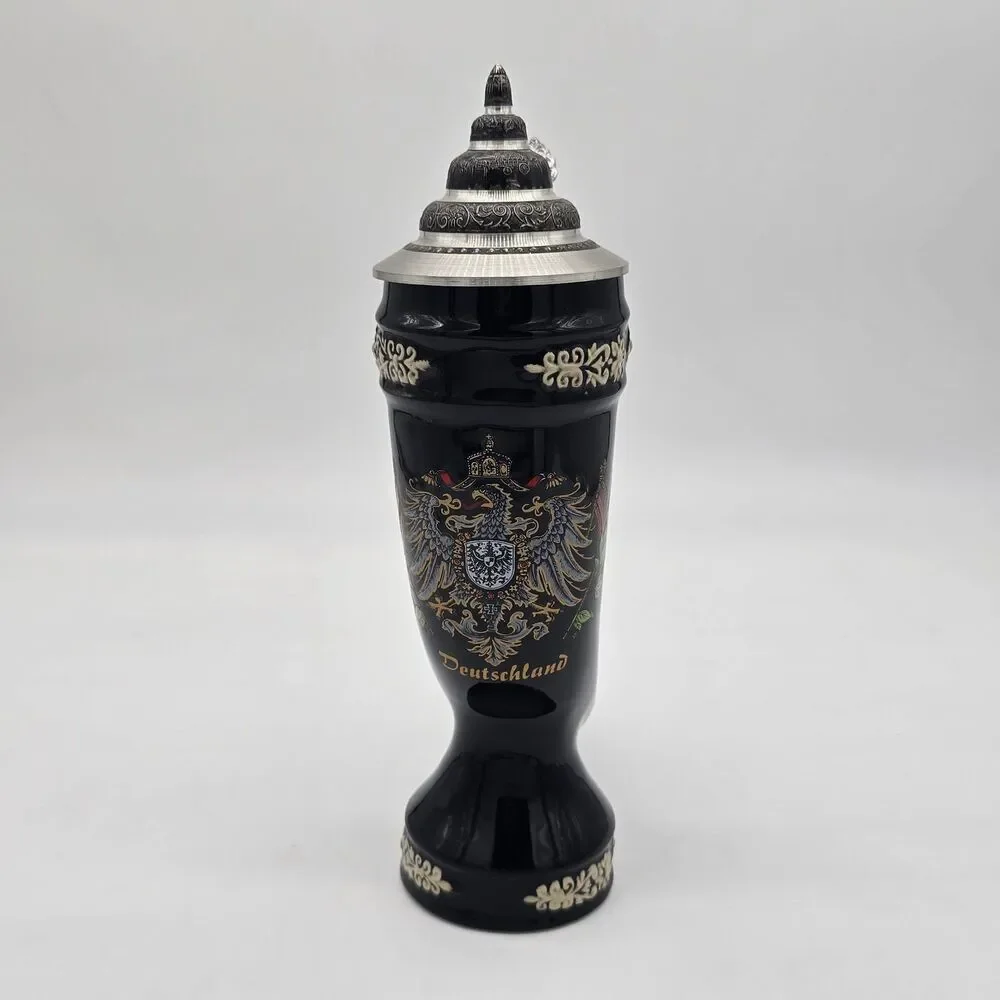 King Original Germany Horn Beer Stein Deutschland Pewter Lid Black Ceramic
